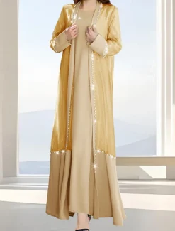 Two Piece A-Line Mother of the Bride Dress Formal Elegant Simple Luxurious Boat Neck Floor Length Satin Organza Long Sleeve with Crystals