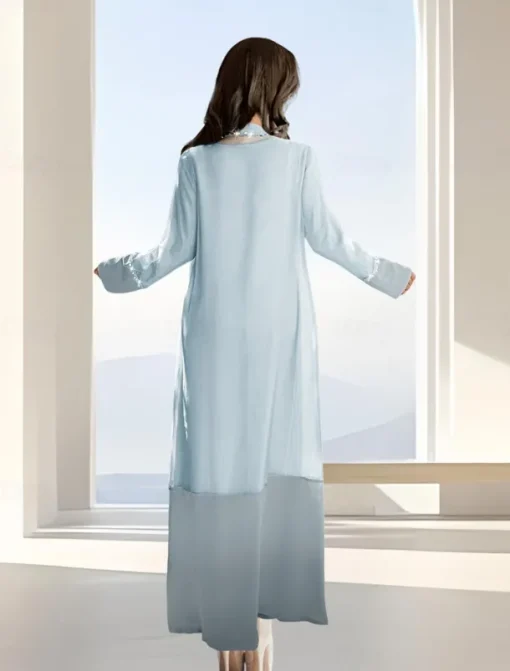Two Piece A-Line Mother of the Bride Dress Formal Elegant Simple Luxurious Boat Neck Floor Length Satin Organza Long Sleeve with Crystals