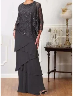 Two Piece A-Line Mother of the Bride Dress Elegant Jewel Neck Floor Length Chiffon 3/4 Length Sleeve with Cascading Ruffles