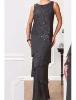 Two Piece A-Line Mother of the Bride Dress Elegant Jewel Neck Floor Length Chiffon 3/4 Length Sleeve with Cascading Ruffles