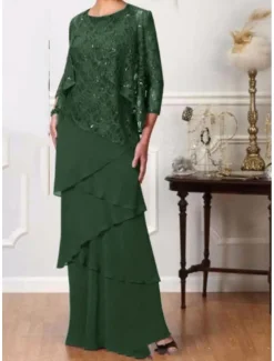 Two Piece A-Line Mother of the Bride Dress Elegant Jewel Neck Floor Length Chiffon 3/4 Length Sleeve with Cascading Ruffles