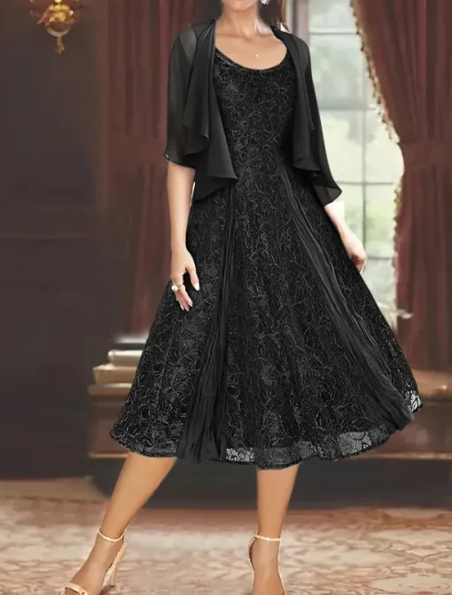 Two Piece A-Line Mother of the Bride Dress Elegant Simple Casual Boat Neck Ankle Length Chiffon Long Sleeve with Lace Ruffles