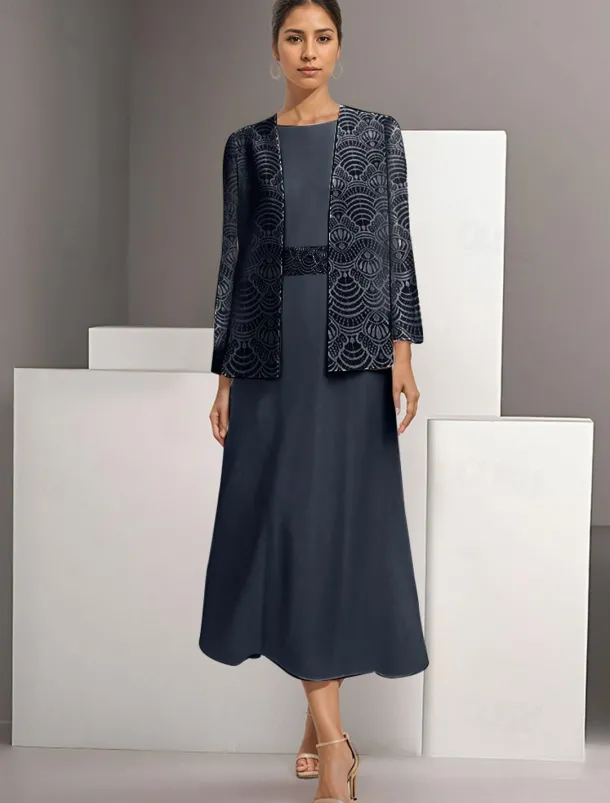 Two Piece A-Line Mother of the Bride Dress Elegant Simple Casual Boat Neck Ankle Length Chiffon Long Sleeve with Lace