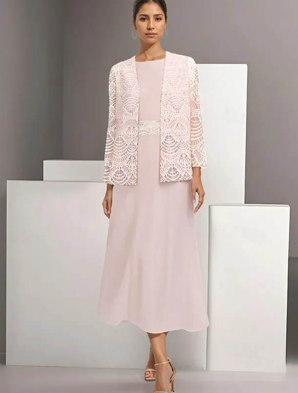 Two Piece A-Line Mother of the Bride Dress Elegant Simple Casual Boat Neck Ankle Length Chiffon Long Sleeve with Lace