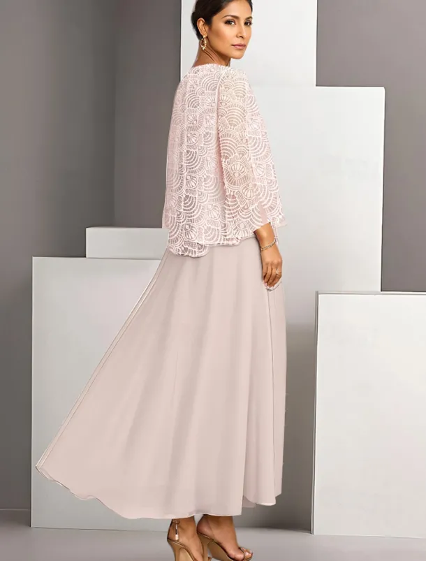 Two Piece A-Line Mother of the Bride Dress Elegant Simple Casual Boat Neck Ankle Length Chiffon Long Sleeve with Lace