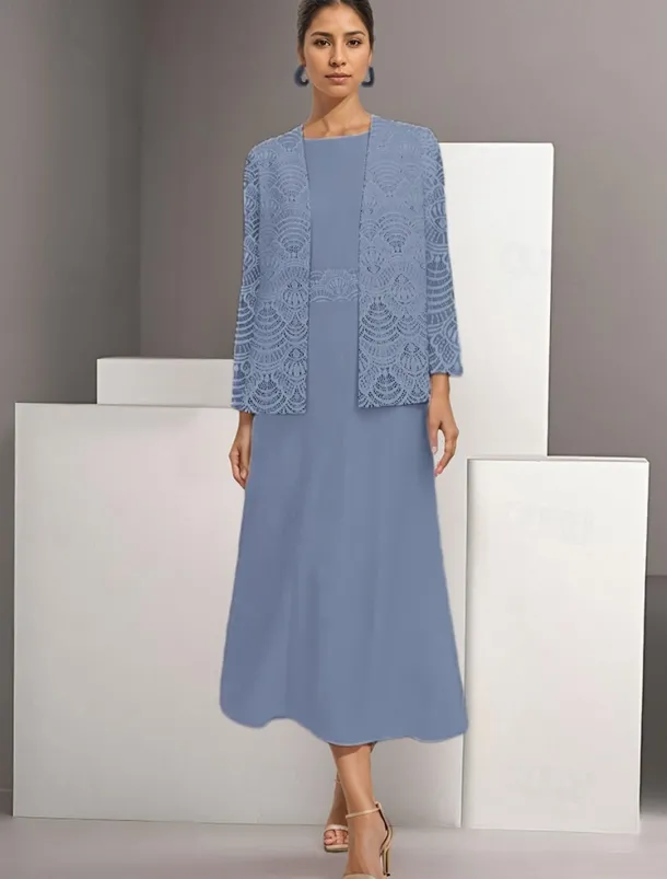 Two Piece A-Line Mother of the Bride Dress Elegant Simple Casual Boat Neck Ankle Length Chiffon Long Sleeve with Lace