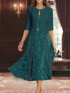 Two Piece A-Line Mother of the Bride Dress Elegant Simple Luxurious V Neck Tea Length Midi Length Beaded Lace Chiffon with Stretch Crepe Jacket