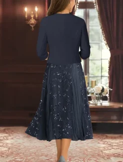 Two Piece A-Line Mother of the Bride Dress Elegant Simple Luxurious V Neck Tea Length Midi Length Beaded Lace Chiffon with Stretch Crepe Jacket