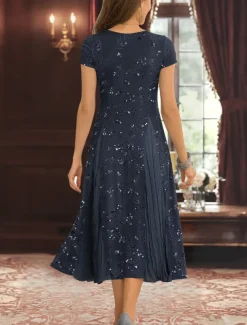 Two Piece A-Line Mother of the Bride Dress Elegant Simple Luxurious V Neck Tea Length Midi Length Beaded Lace Chiffon with Stretch Crepe Jacket