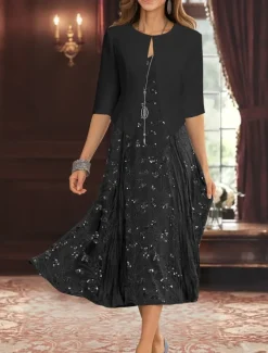 Two Piece A-Line Mother of the Bride Dress Elegant Simple Luxurious V Neck Tea Length Midi Length Beaded Lace Chiffon with Stretch Crepe Jacket