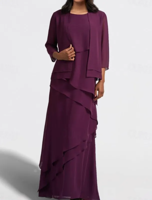 Two Piece A-Line Mother of the Bride Dress Wedding Guest Elegant Jewel Neck Floor Length Chiffon Sleeveless Wrap Included with Cascading Ruffles Solid Color free custom size