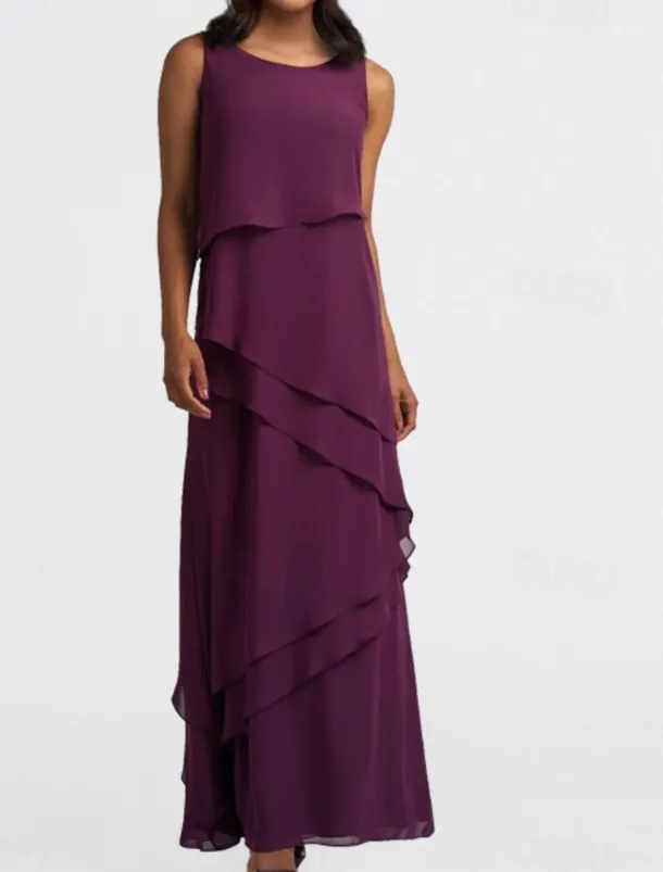 Two Piece A-Line Mother of the Bride Dress Wedding Guest Elegant Jewel Neck Floor Length Chiffon Sleeveless Wrap Included with Cascading Ruffles Solid Color free custom size