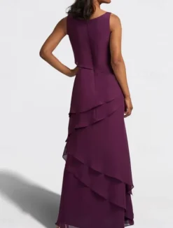 Two Piece A-Line Mother of the Bride Dress Wedding Guest Elegant Jewel Neck Floor Length Chiffon Sleeveless Wrap Included with Cascading Ruffles Solid Color free custom size