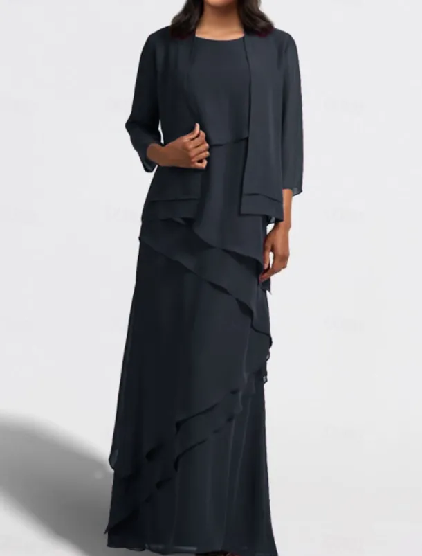 Two Piece A-Line Mother of the Bride Dress Wedding Guest Elegant Jewel Neck Floor Length Chiffon Sleeveless Wrap Included with Cascading Ruffles Solid Color free custom size