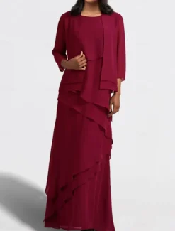 Two Piece A-Line Mother of the Bride Dress Wedding Guest Elegant Jewel Neck Floor Length Chiffon Sleeveless Wrap Included with Cascading Ruffles Solid Color free custom size