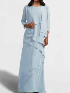 Two Piece A-Line Mother of the Bride Dress Wedding Guest Elegant Jewel Neck Floor Length Chiffon Sleeveless Wrap Included with Cascading Ruffles Solid Color free custom size