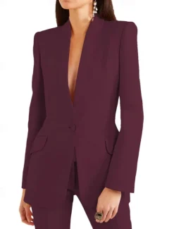 Two Piece Blazer Pantsuit Mother of the Bride Elegant Vintage Minimalist Lapel Floor Length Stretch Fabric Long Sleeve with Buttons