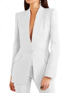 Two Piece Blazer Pantsuit Mother of the Bride Elegant Vintage Minimalist Lapel Floor Length Stretch Fabric Long Sleeve with Buttons