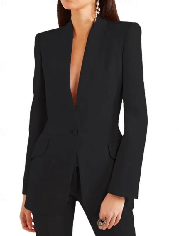 Two Piece Blazer Pantsuit Mother of the Bride Elegant Vintage Minimalist Lapel Floor Length Stretch Fabric Long Sleeve with Buttons