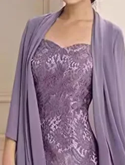 Two Piece Dress Sets Mother of the Bride Dress Elegant Simple Sweetheart Knee Length 3/4 Length Sleeve with Solid Color