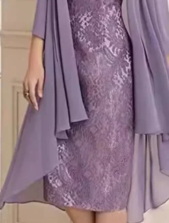 Two Piece Dress Sets Mother of the Bride Dress Elegant Simple Sweetheart Knee Length 3/4 Length Sleeve with Solid Color