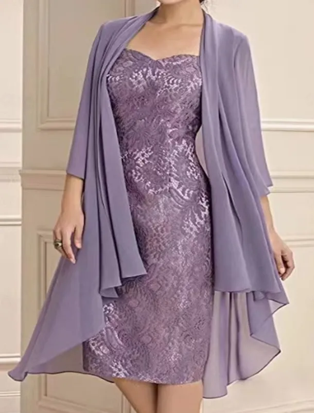 Two Piece Dress Sets Mother of the Bride Dress Elegant Simple Sweetheart Knee Length 3/4 Length Sleeve with Solid Color