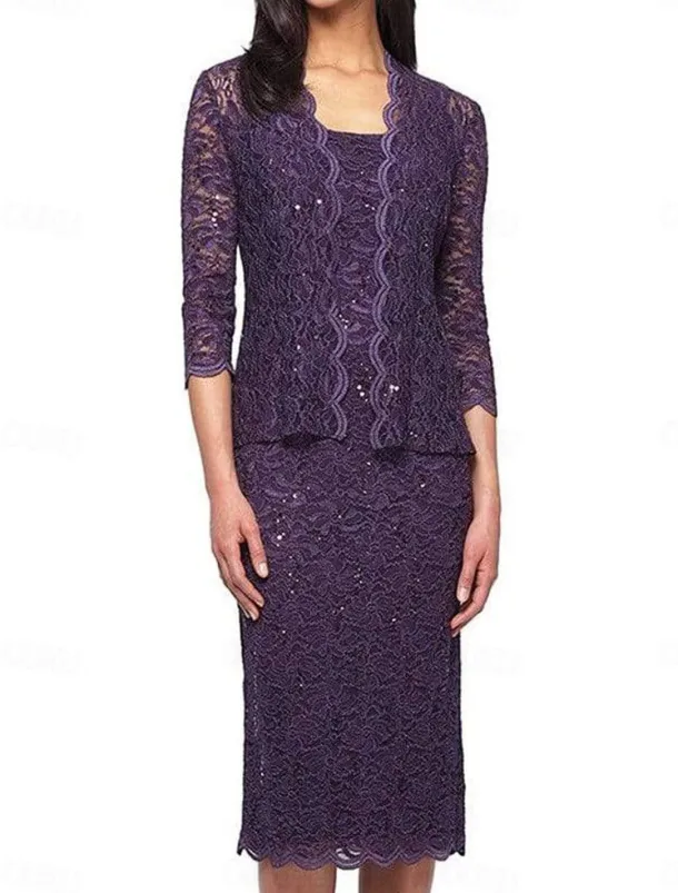 Two Piece Dress Sets Mother of the Bride Dress Elegant Square Neck Knee Length Lace 3/4 Length Sleeve with Lace