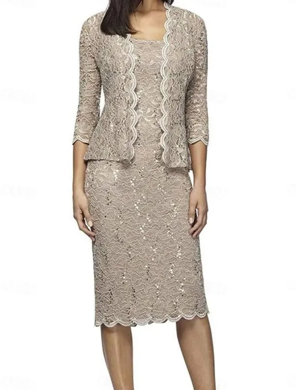 Two Piece Dress Sets Mother of the Bride Dress Elegant Square Neck Knee Length Lace 3/4 Length Sleeve with Lace