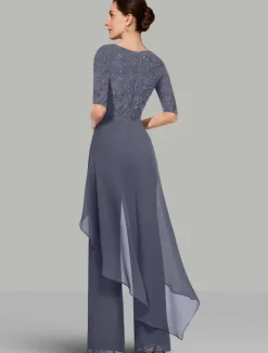 Two Piece Jumpsuit / Pantsuit Mother of the Bride Wedding Guest Elegant Jewel Neck Floor Length Chiffon Lace Half Sleeve with Lace Ruffles free custom size