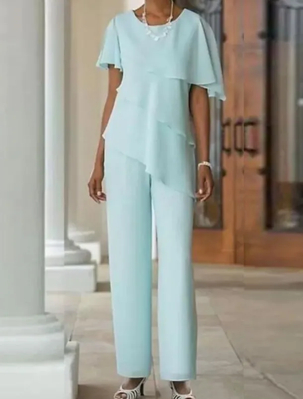 Two Piece Jumpsuit / Pantsuit Mother of the Bride Wedding Guest Elegant Plus Size Jewel Neck Floor Length Chiffon Short Sleeve with Cascading Ruffles