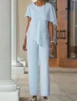 Two Piece Jumpsuit / Pantsuit Mother of the Bride Wedding Guest Elegant Plus Size Jewel Neck Floor Length Chiffon Short Sleeve with Cascading Ruffles