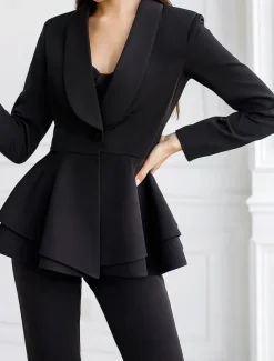 Two Piece Jumpsuit / Pantsuit Pantsuit Mother of the Bride Peplum Blazer Set Elegant Vintage Simple V Neck Shawl Lapel Ankle Length Pants Stretch Crepe Long Sleeve with Ruffles Cascading Ruffles