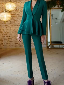 Two Piece Jumpsuit / Pantsuit Pantsuit Mother of the Bride Peplum Blazer Set Elegant Vintage Simple V Neck Shawl Lapel Ankle Length Pants Stretch Crepe Long Sleeve with Ruffles Cascading Ruffles