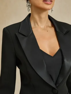 Two Piece Jumpsuit / Pantsuit Pantsuit Stretch Crepe Mother of the Bride Blazer Suit Elegant Simple Satin V Neck Peak Lapel Ankle Length Long Sleeve with Feather