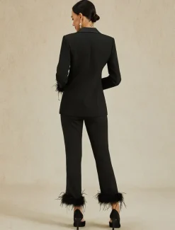 Two Piece Jumpsuit / Pantsuit Pantsuit Stretch Crepe Mother of the Bride Blazer Suit Elegant Simple Satin V Neck Peak Lapel Ankle Length Long Sleeve with Feather