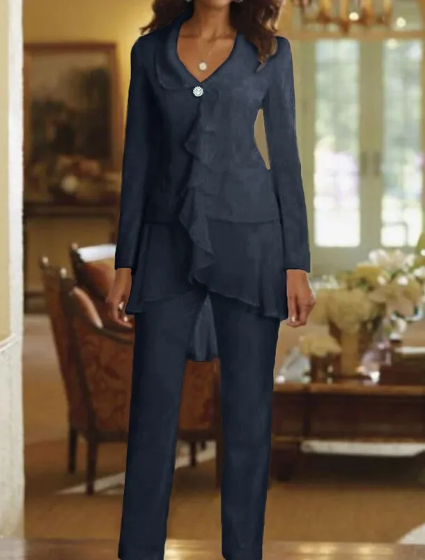 Two Piece Jumpsuit / Pantsuit Mother of the Bride Wedding Guest Elegant Plus Size V Neck Floor Length Chiffon Long Sleeve with Ruffles free custom size