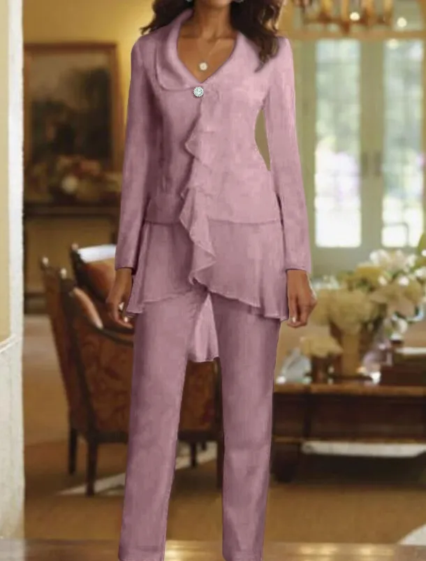 Two Piece Jumpsuit / Pantsuit Mother of the Bride Wedding Guest Elegant Plus Size V Neck Floor Length Chiffon Long Sleeve with Ruffles free custom size