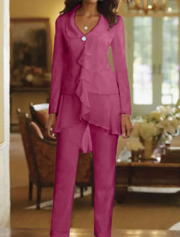 Two Piece Jumpsuit / Pantsuit Mother of the Bride Wedding Guest Elegant Plus Size V Neck Floor Length Chiffon Long Sleeve with Ruffles free custom size