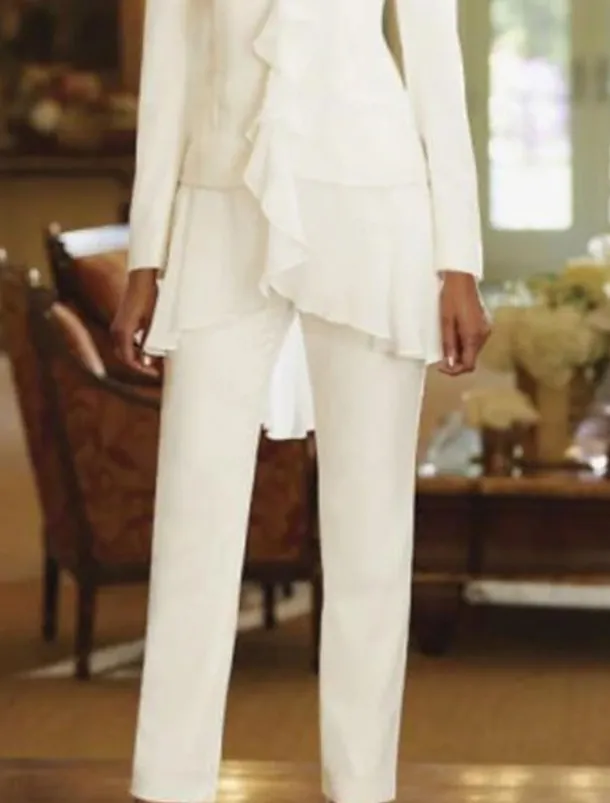 Two Piece Jumpsuit / Pantsuit Mother of the Bride Wedding Guest Elegant Plus Size V Neck Floor Length Chiffon Long Sleeve with Ruffles free custom size