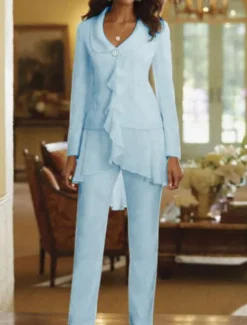 Two Piece Jumpsuit / Pantsuit Mother of the Bride Wedding Guest Elegant Plus Size V Neck Floor Length Chiffon Long Sleeve with Ruffles free custom size