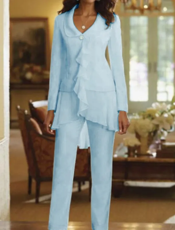 Two Piece Jumpsuit / Pantsuit Mother of the Bride Wedding Guest Elegant Plus Size V Neck Floor Length Chiffon Long Sleeve with Ruffles free custom size