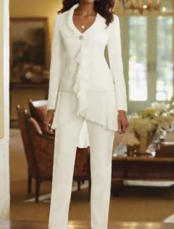 Two Piece Jumpsuit / Pantsuit Mother of the Bride Wedding Guest Elegant Plus Size V Neck Floor Length Chiffon Long Sleeve with Ruffles free custom size