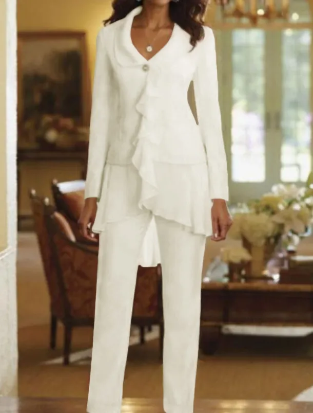 Two Piece Jumpsuit / Pantsuit Mother of the Bride Wedding Guest Elegant Plus Size V Neck Floor Length Chiffon Long Sleeve with Ruffles free custom size