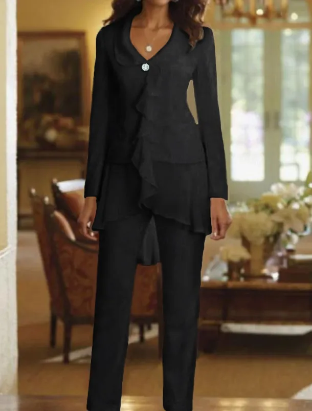 Two Piece Jumpsuit / Pantsuit Mother of the Bride Wedding Guest Elegant Plus Size V Neck Floor Length Chiffon Long Sleeve with Ruffles free custom size