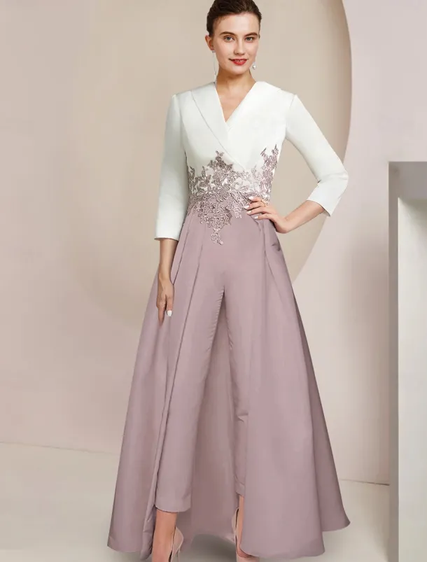 Two Piece Jumpsuit / Pantsuit Mother of the Bride Formal Wedding Guest Elegant Party V Neck Ankle Length Crepe Lace 3/4 Length Sleeve with Appliques Color Block free custom size