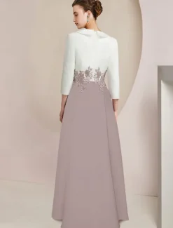 Two Piece Jumpsuit / Pantsuit Mother of the Bride Formal Wedding Guest Elegant Party V Neck Ankle Length Crepe Lace 3/4 Length Sleeve with Appliques Color Block free custom size