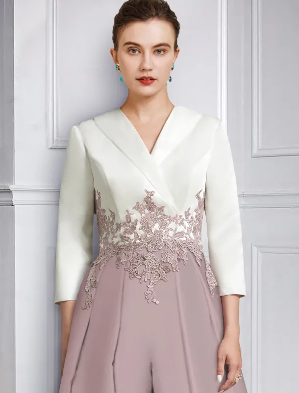 Two Piece Jumpsuit / Pantsuit Mother of the Bride Formal Wedding Guest Elegant Party V Neck Ankle Length Crepe Lace 3/4 Length Sleeve with Appliques Color Block free custom size