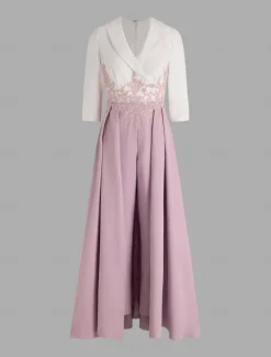 Two Piece Jumpsuit / Pantsuit Mother of the Bride Formal Wedding Guest Elegant Party V Neck Ankle Length Crepe Lace 3/4 Length Sleeve with Appliques Color Block free custom size