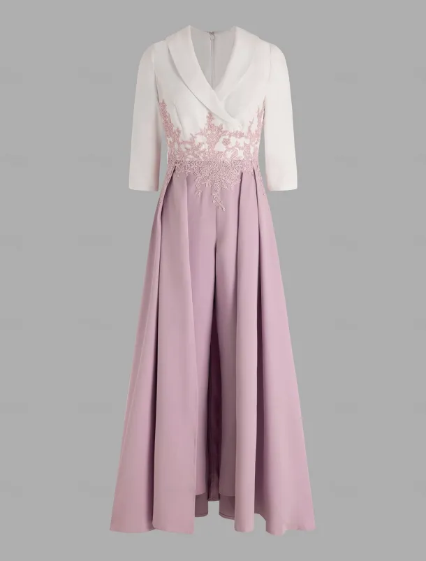 Two Piece Jumpsuit / Pantsuit Mother of the Bride Formal Wedding Guest Elegant Party V Neck Ankle Length Crepe Lace 3/4 Length Sleeve with Appliques Color Block free custom size