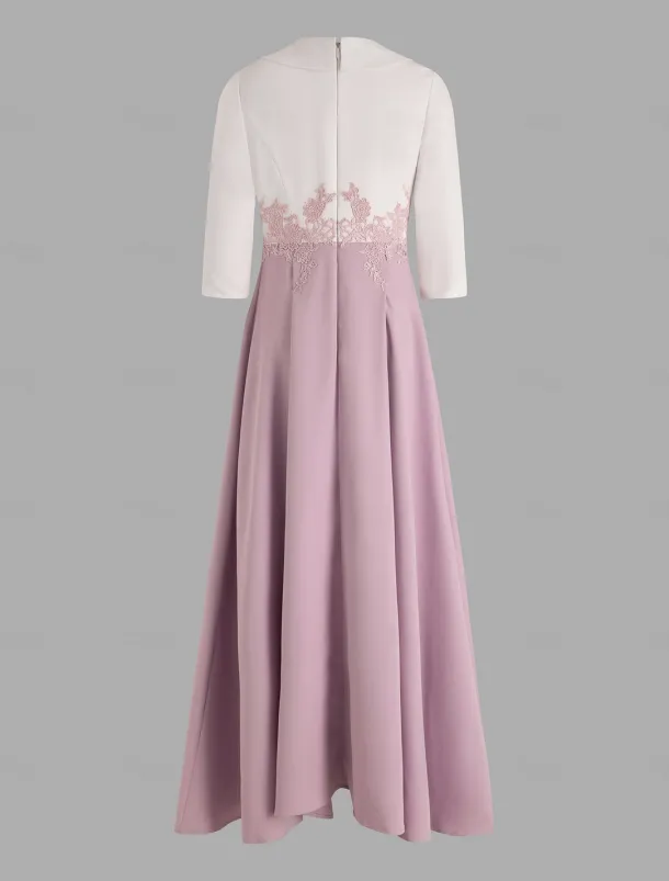 Two Piece Jumpsuit / Pantsuit Mother of the Bride Formal Wedding Guest Elegant Party V Neck Ankle Length Crepe Lace 3/4 Length Sleeve with Appliques Color Block free custom size